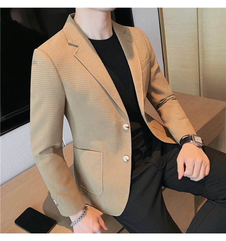 Khaki / XS Men's Single Breasted Slim Fit Blazer Waffle Jacket: High-Quality Casual/Formal Suit Coat