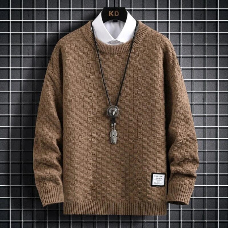 Khaki / XS Plaid Harajuku Sweater - Thick Jumper Warm O-neck Pullover Men High Quality Christmas Sweaters