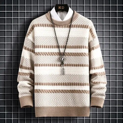 Khaki / XS Serenity Stripe Pattern Sweater - Elevate Your Style: Knitted Thickened Pullover Vintage O-Neck Winter Sweater