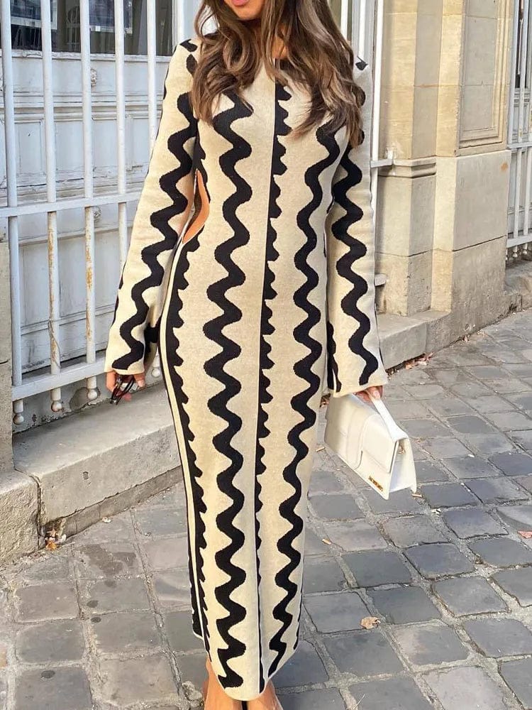 Knitted Dress Women Striped Knit Maxi Dress Fashion Elegant Slim Dress Sexy Hollow Out Wave Long Dress Lady Bodycon Party Dress