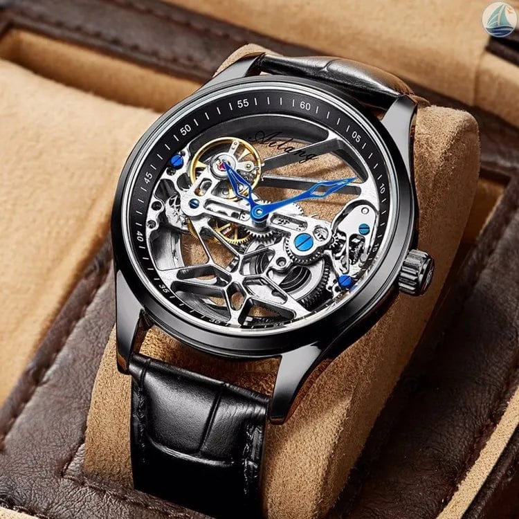 Leather Black AILANG Skeleton Mechanical Mens Watches Top Brand Luxury Steampunk Transparent Hollow Automatic Watch Relogio Masculino 8625