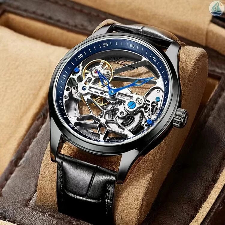 Leather Black Blue AILANG Luxury Steampunk Skeleton Mechanical Watch for Men - Transparent Hollow Design, Automatic Movement (Model 8625)