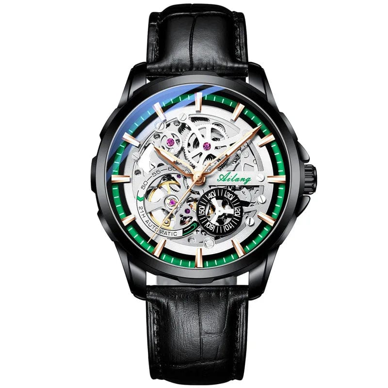 Leather Black Green AILANG  Skeleton Mechanical Watch Stainless Steel Waterproof Mens Watches Top Brand Luxury Sport Male Automatic Wrist Watches