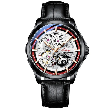 Leather Black Red Men's Luxury Skeleton Mechanical Watch Stainless Steel Waterproof