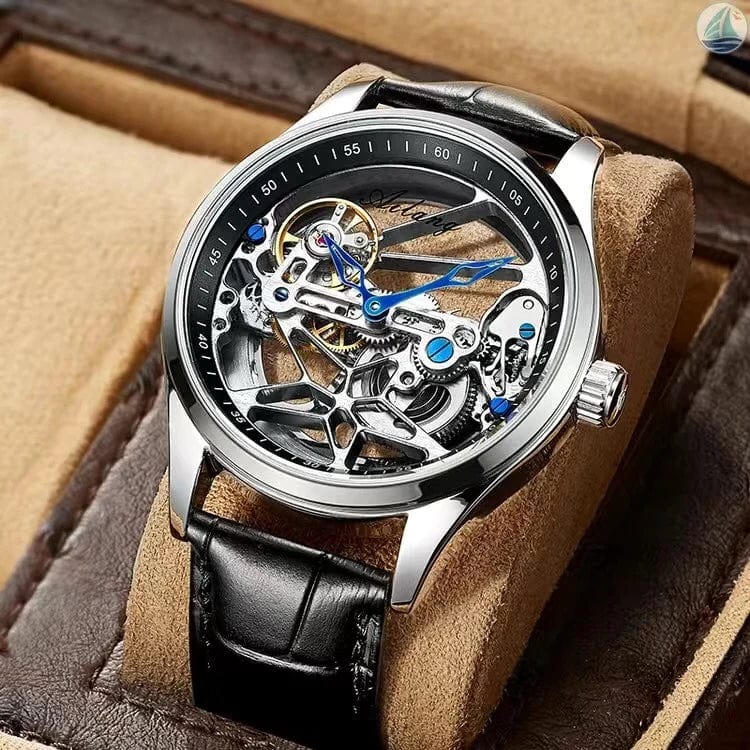 Leather Silver Black AILANG Skeleton Mechanical Mens Watches Top Brand Luxury Steampunk Transparent Hollow Automatic Watch Relogio Masculino 8625