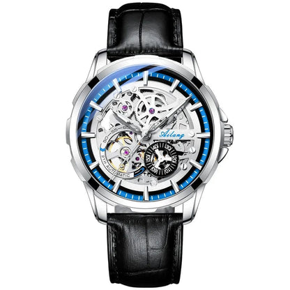 Leather Silver Blue Men's Luxury Skeleton Mechanical Watch Stainless Steel Waterproof