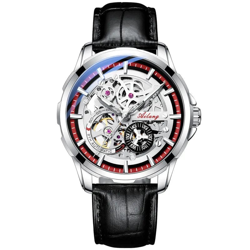 Leather Silver Red Men's Luxury Skeleton Mechanical Watch Stainless Steel Waterproof
