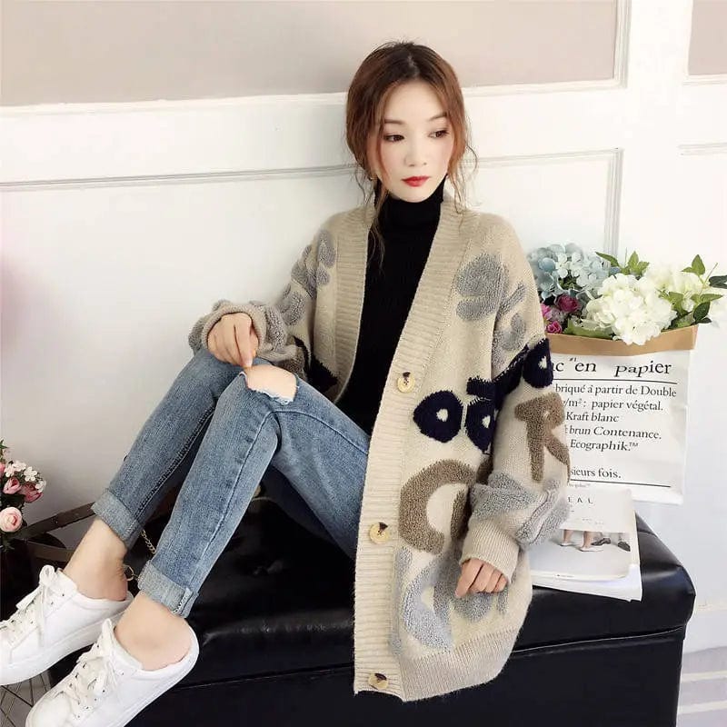 Letter Beige / S 45-52.5KG Relaxed Elegance: Women's Loose Knitted Slouchy Style Cardigan