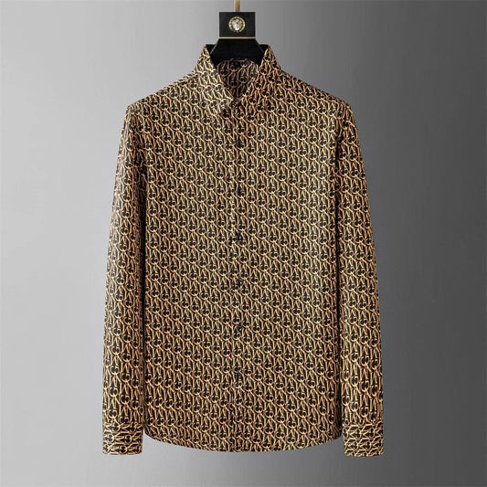 letter / M Gold And Black Letter Print Shirt Men Long Sleeve Business Casual