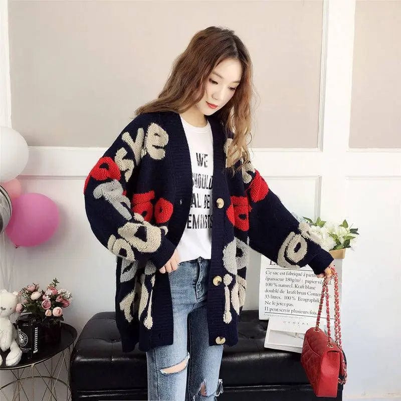 Letter Navy Blue / S 45-52.5KG Relaxed Elegance: Women's Loose Knitted Slouchy Style Cardigan