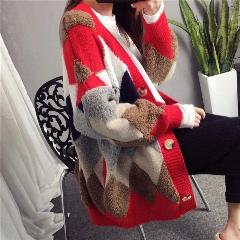 Letter red / S 45-52.5KG Relaxed Elegance: Women's Loose Knitted Slouchy Style Cardigan