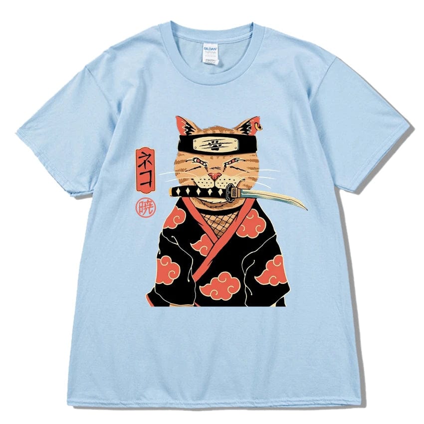 Light Blue / S Hip Hop Streetwear Japanese Kanji Harajuku Funny Warrior Cat T-Shirt Summer Short Sleeve Tops Tees Cotton Print Loose Tshirt