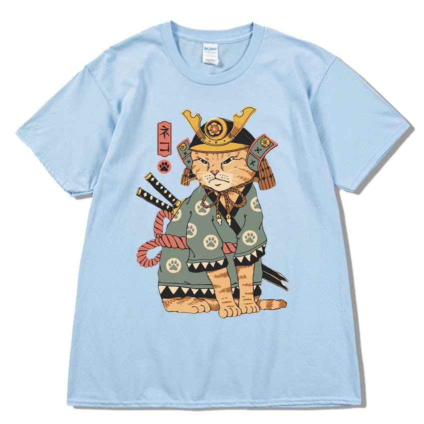 Light Blue / S Men Hip Hop T Shirt Streetwear Japanese Kanji Harajuku Funny Warrior Cat T-Shirt Summer Short Sleeve Tee Cotton Print Swag shirt