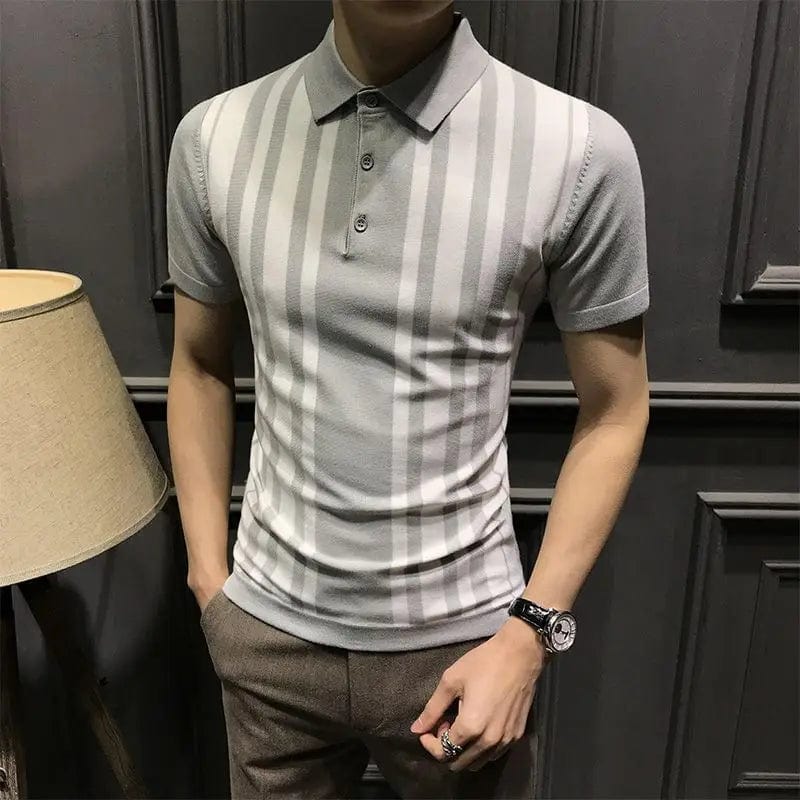 light gray / 4XL (85-90KG) Summer New Youth Trend Men Striped Polo Shirt Short Sleeve Business Casual Lapel Korean Streetwear Fashion Slim Versatile Tops