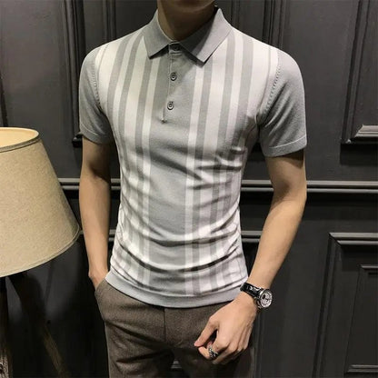 light gray / 4XL (85-90KG) Summer New Youth Trend Men Striped Polo Shirt Short Sleeve Business Casual Lapel Korean Streetwear Fashion Slim Versatile Tops