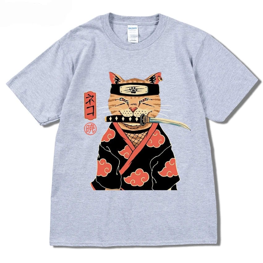 Light Gray / S Hip Hop Streetwear Japanese Kanji Harajuku Funny Warrior Cat T-Shirt Summer Short Sleeve Tops Tees Cotton Print Loose Tshirt