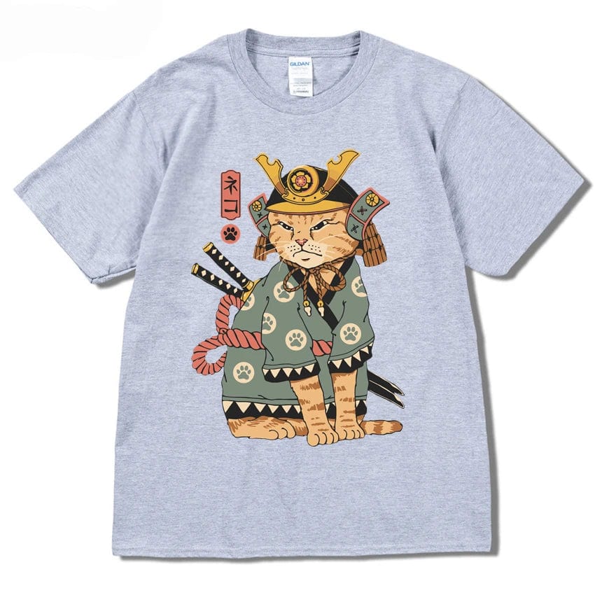 Light Gray / S Men Hip Hop T Shirt Streetwear Japanese Kanji Harajuku Funny Warrior Cat T-Shirt Summer Short Sleeve Tee Cotton Print Swag shirt