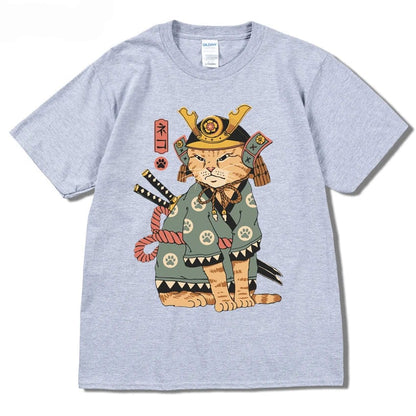 Light Gray / S Men Hip Hop T Shirt Streetwear Japanese Kanji Harajuku Funny Warrior Cat T-Shirt Summer Short Sleeve Tee Cotton Print Swag shirt