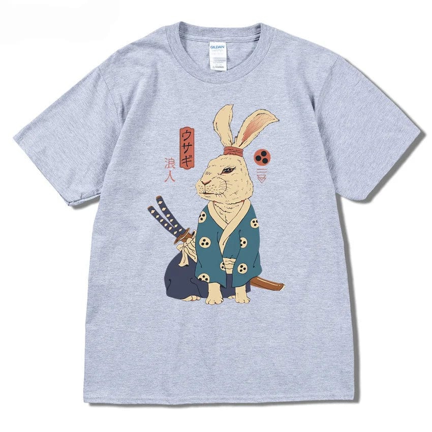 Light Gray / X SMALL Ninja Rabbit T Shirt Casual Short Sleeve Japanese Summer Tee