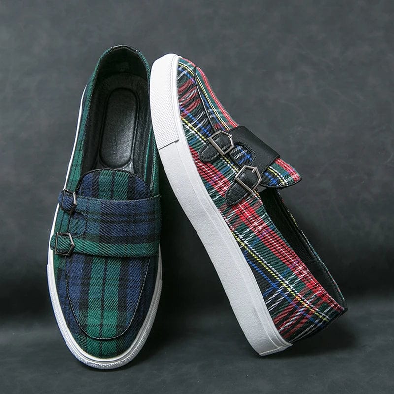Loafers Men Shoes Canvas Plaid Classic Fashion Moccasin Man Party Outdoor Daily PU Double Buckle All-match Casual Shoes