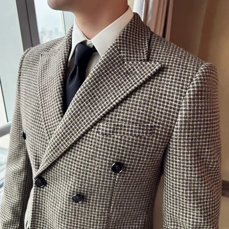 British Style Men Double Breasted Slim Fit Blazer 2023 New Houndstooth Slim Fit Suit Jacket Formal Business Wedding Dress Jacket