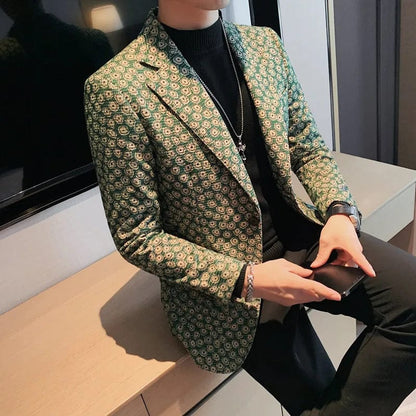 Luxury Men's Corduroy Flower Pattern Slim Fit Blazer Suit Jacket