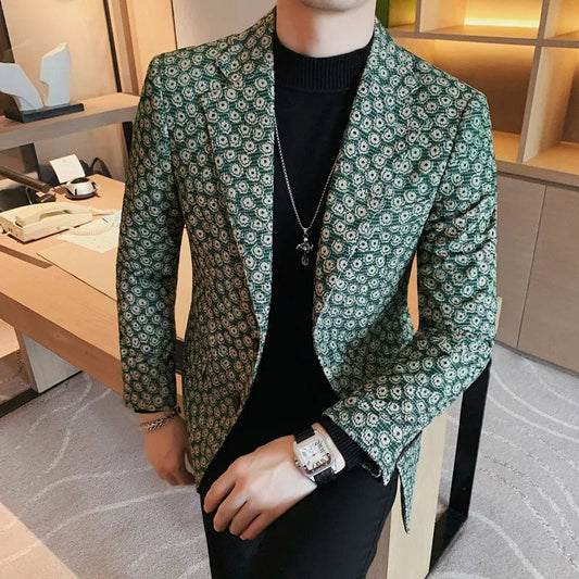 Luxury Men's Corduroy Flower Pattern Slim Fit Blazer Suit Jacket