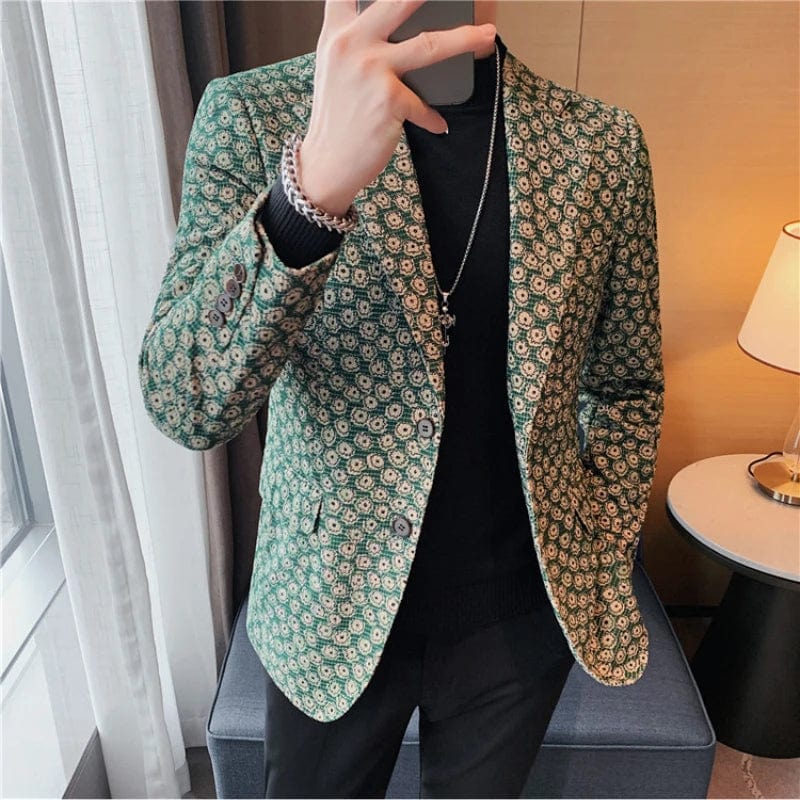 Luxury Men's Corduroy Flower Pattern Slim Fit Blazer Suit Jacket