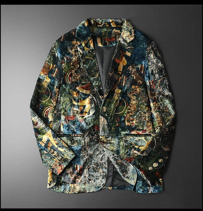 Luxury Print Vintage Men's Blazer Smart Casual Suit Jacket Slim Fit Streetwear