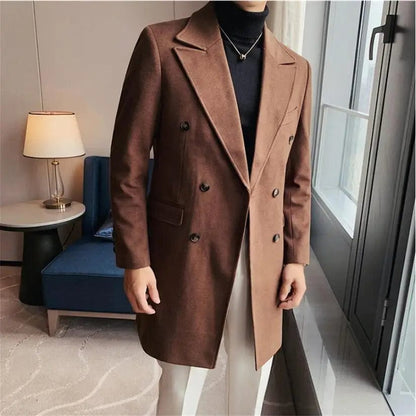 Luxury Stylish Men's High Quality Double-Breasted Woolen Slim Fit Long Business Suit Jacket