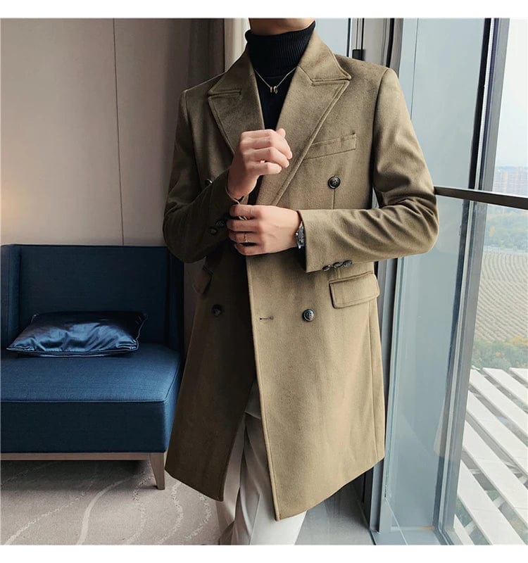 Luxury Stylish Men's High Quality Double-Breasted Woolen Slim Fit Long Business Suit Jacket