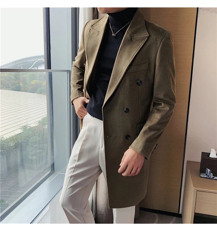 Luxury Stylish Men's High Quality Double-Breasted Woolen Slim Fit Long Business Suit Jacket