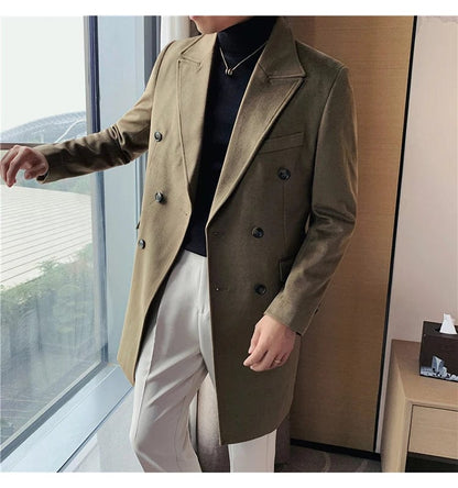 Luxury Stylish Men's High Quality Double-Breasted Woolen Slim Fit Long Business Suit Jacket