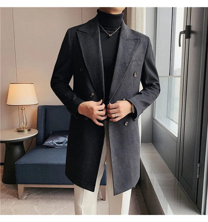 Luxury Stylish Men's High Quality Double-Breasted Woolen Slim Fit Long Business Suit Jacket