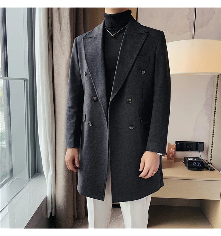 Luxury Stylish Men's High Quality Double-Breasted Woolen Slim Fit Long Business Suit Jacket