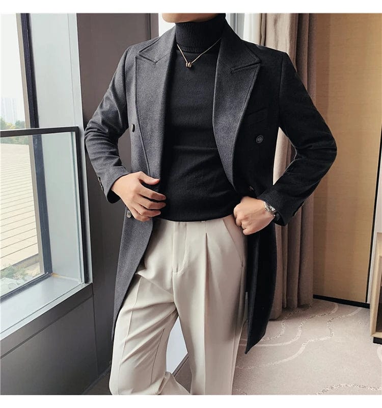 Luxury Stylish Men's High Quality Double-Breasted Woolen Slim Fit Long Business Suit Jacket