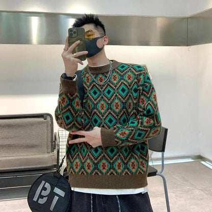 Man Clothes Graphic Crewneck Knitted Sweaters for Men Round Collar Argyle Pullovers Over Fit Knit Order Warm Mode Large Big Size