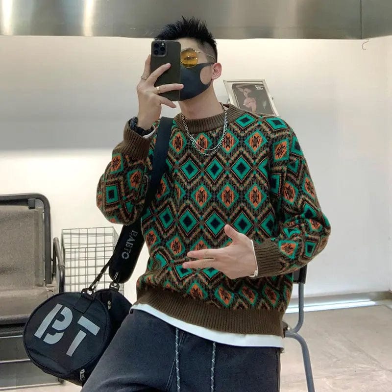 Man Clothes Graphic Crewneck Knitted Sweaters for Men Round Collar Argyle Pullovers Over Fit Knit Order Warm Mode Large Big Size