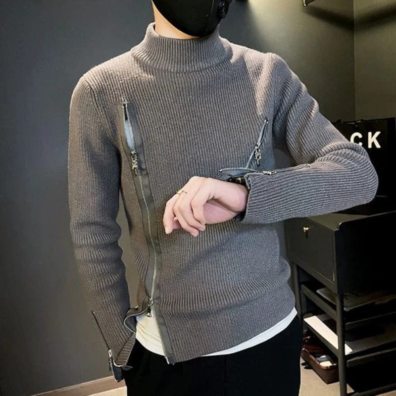 Man Clothes Zip-up Collared Motorcycle Knitted Sweaters for Men Zipper Pullovers Korean Autumn Sweat-shirt Street Cotton Fun S X