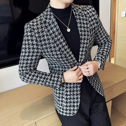 Men Blazer 2023 Autumn Winter Thick Plaid Suit Jackets/Slim Fit High Quality Tuxedo/Man Business Fashion Banquet Men Clothing