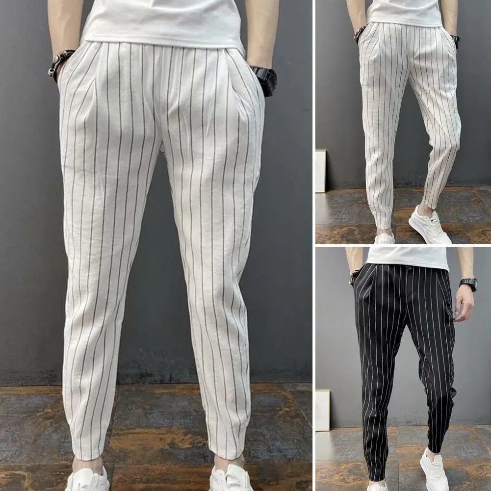 Men Harem Pants Striped Drawstring Pencil Trousers Slim Fit Elastic Waist Trousers Stretch Ankle Tied Pencil Pants For Autumn