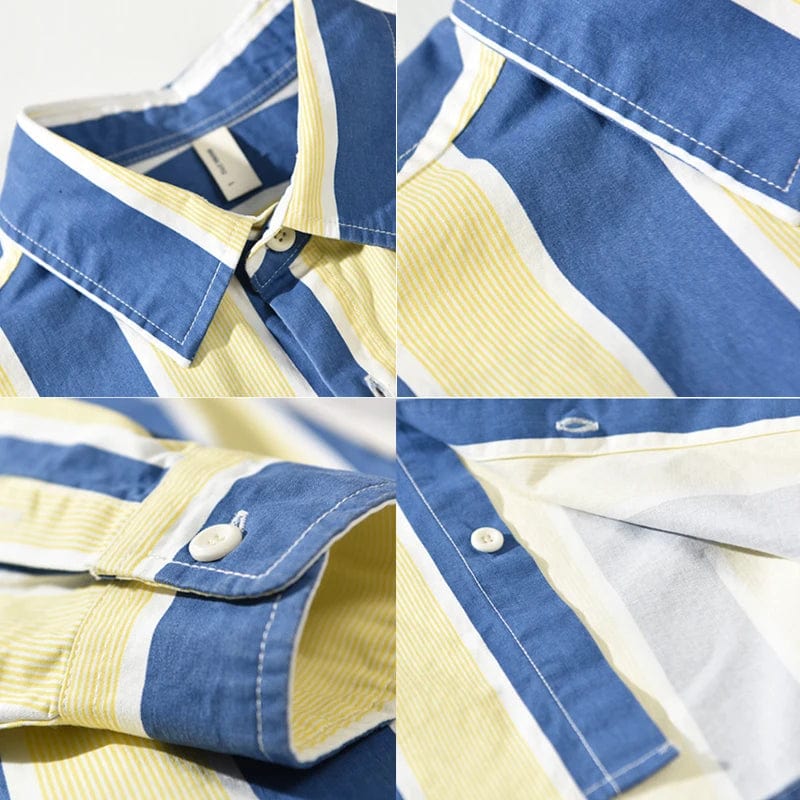 Autumn Winter New Men's Loose Casual Shirts Big Pockets Blue and Yellow Striped Fashion Cotton Comfortable Tops AZ194