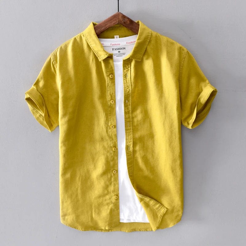 Men's Casual Cotton Linen Short Sleeve Shirt - Classic Summer Fashion with Turn-Down Collar