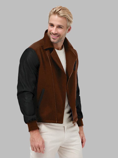 Men's Color-Block PU Leather Zipper Lapel Jacket