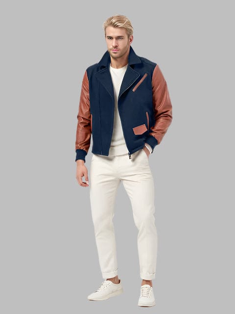 Men's Color-Block PU Leather Zipper Lapel Jacket