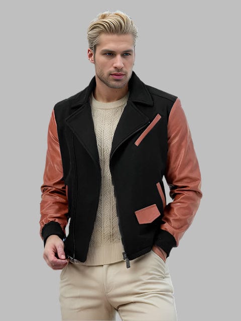 Men's Color-Block PU Leather Zipper Lapel Jacket