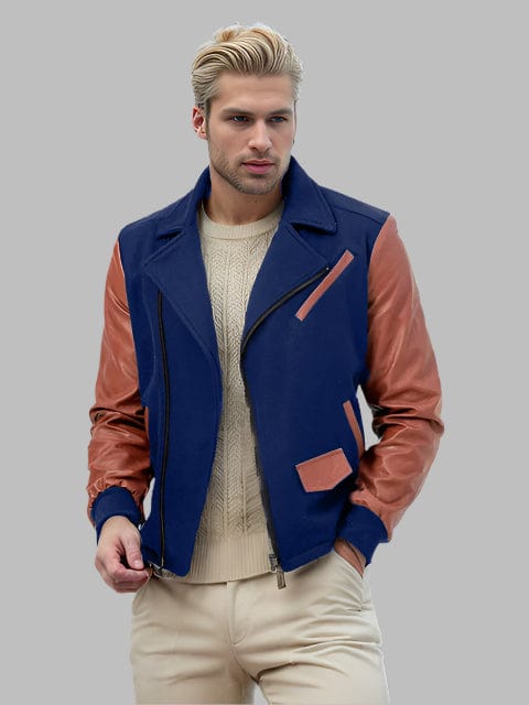 Men's Color-Block PU Leather Zipper Lapel Jacket