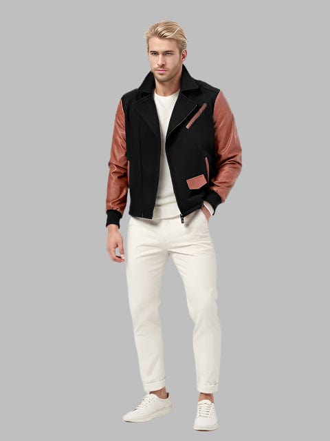 Men's Color-Block PU Leather Zipper Lapel Jacket