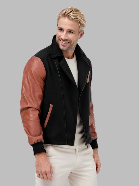 Men's Color-Block PU Leather Zipper Lapel Jacket