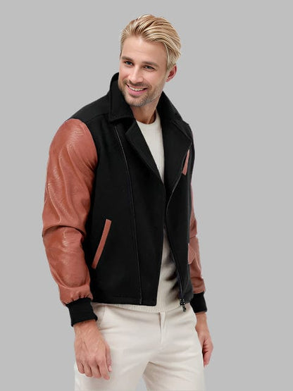 Men's Color-Block PU Leather Zipper Lapel Jacket